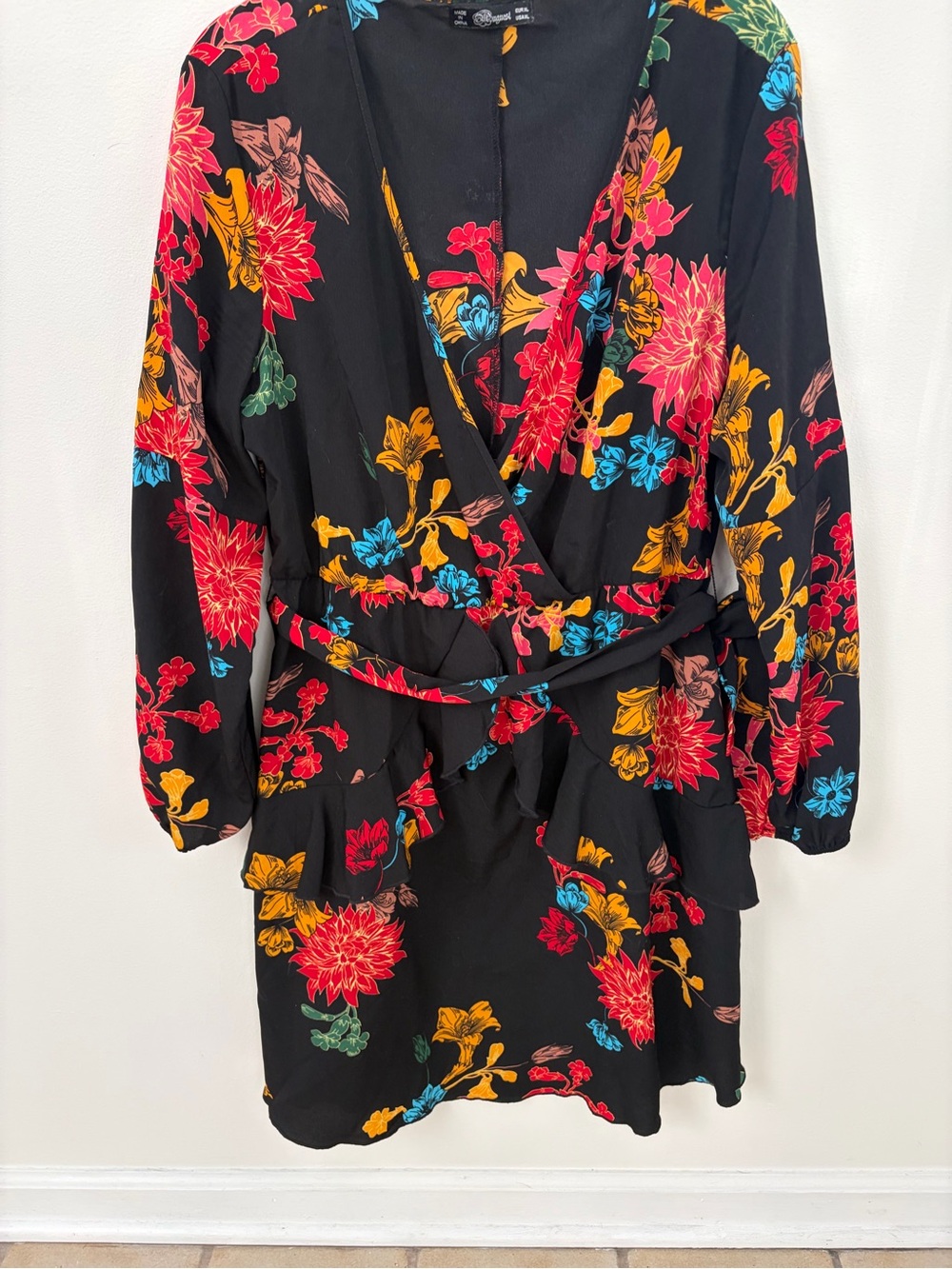 Black Floral Wrap Midi Dress with Bright Multi-Color Print